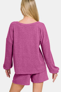 Zenana Long Sleeve Ribbed Top and Shorts Set in Red Violet