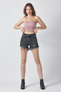 Risen Raw Hem Black Denim Shorts