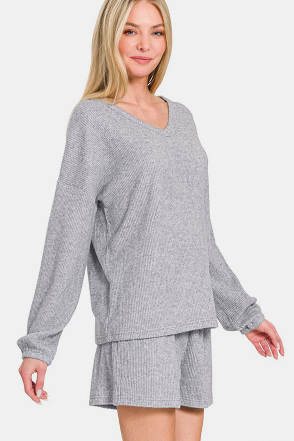 Zenana Long Sleeve Ribbed Top and Shorts Set in Gray