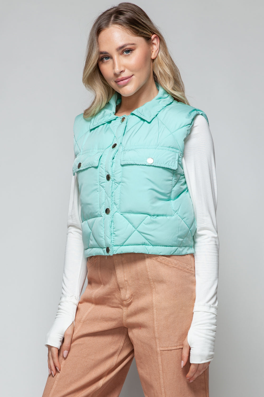 Snobbish Snap Down Quilted Crop Vest in Green