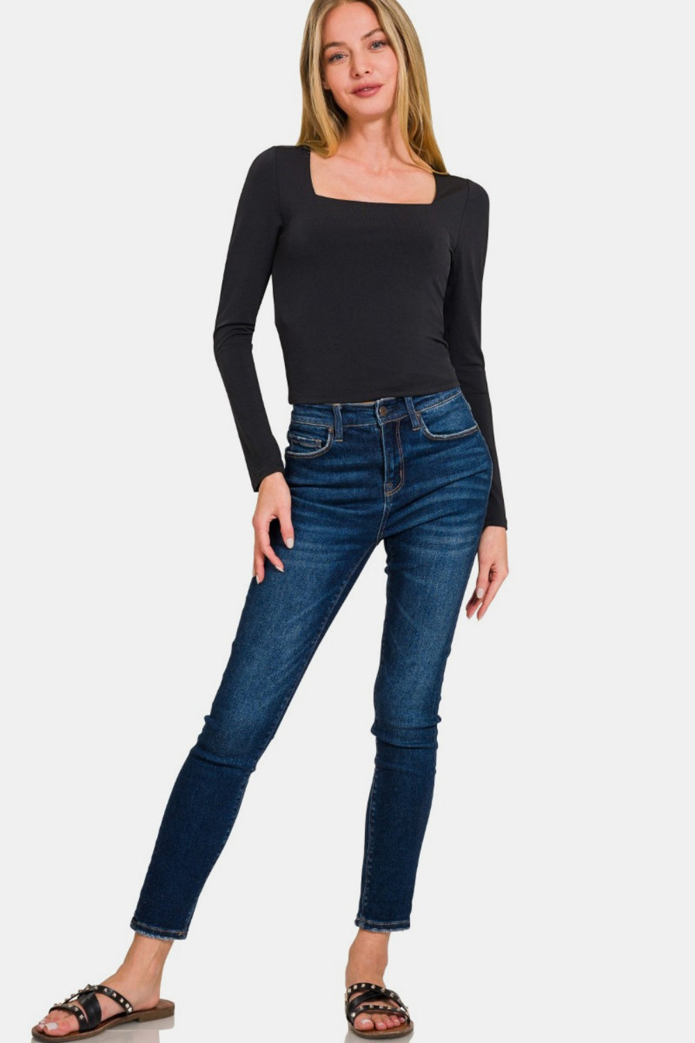 Zenana Square Neck Long Sleeve Tee in Black