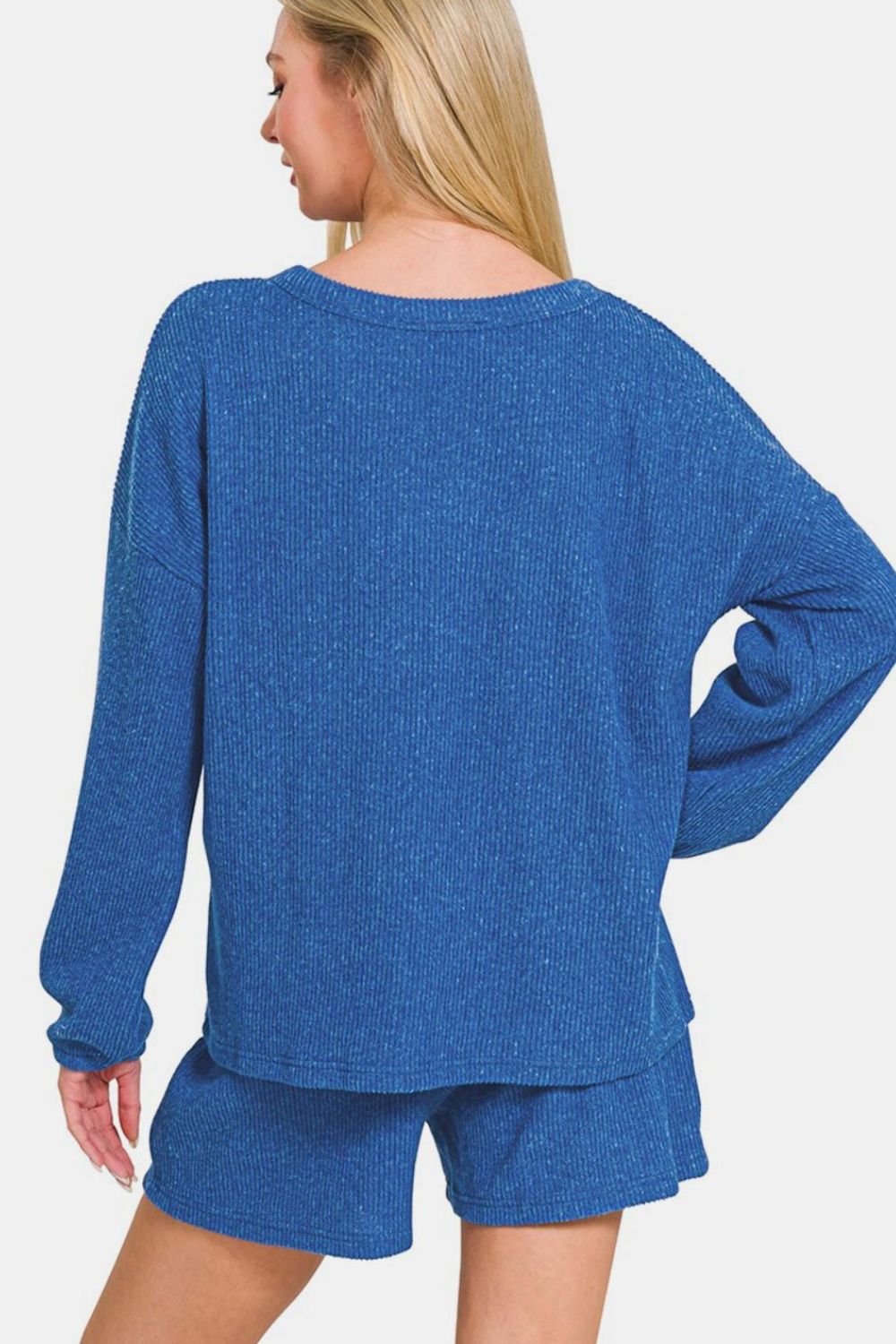 Zenana Long Sleeve Ribbed Top and Shorts Set in Royal Blue