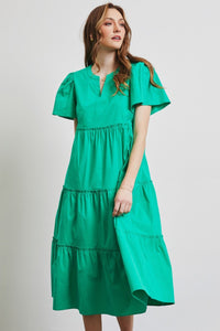 Green Poplin Tiered Midi Dress