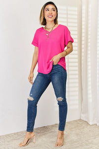 Zenana Pink Rolled Short Sleeve Shirt