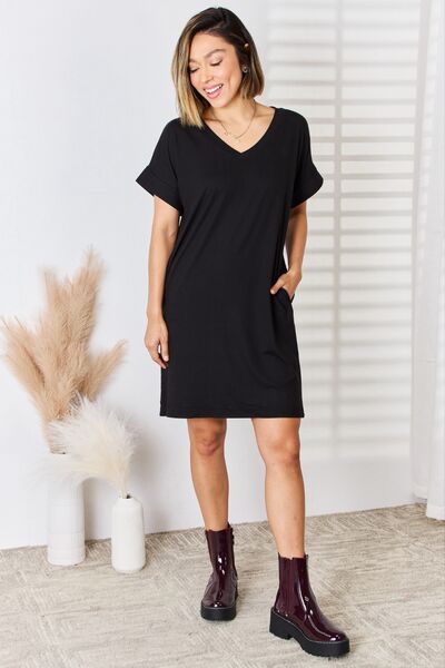 Zenana Black Rolled Sleeve Dress