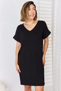 Zenana Black Rolled Sleeve Dress